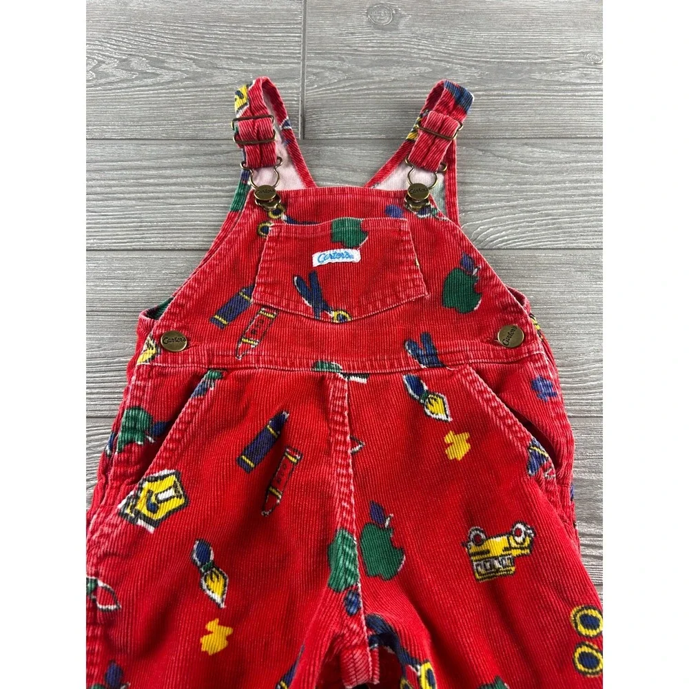 Vintage Carter's Corduroy Overalls Size 18 Mo. School Print 100% Cotton Red